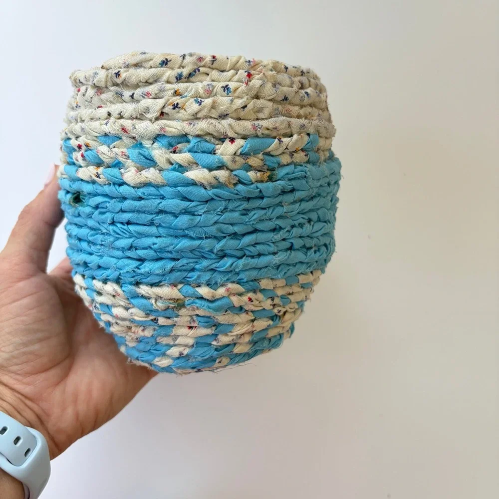 Vintage Hand Braided Fabric Rag Basket Blue Floral Coiled Cotton Storage Bowl